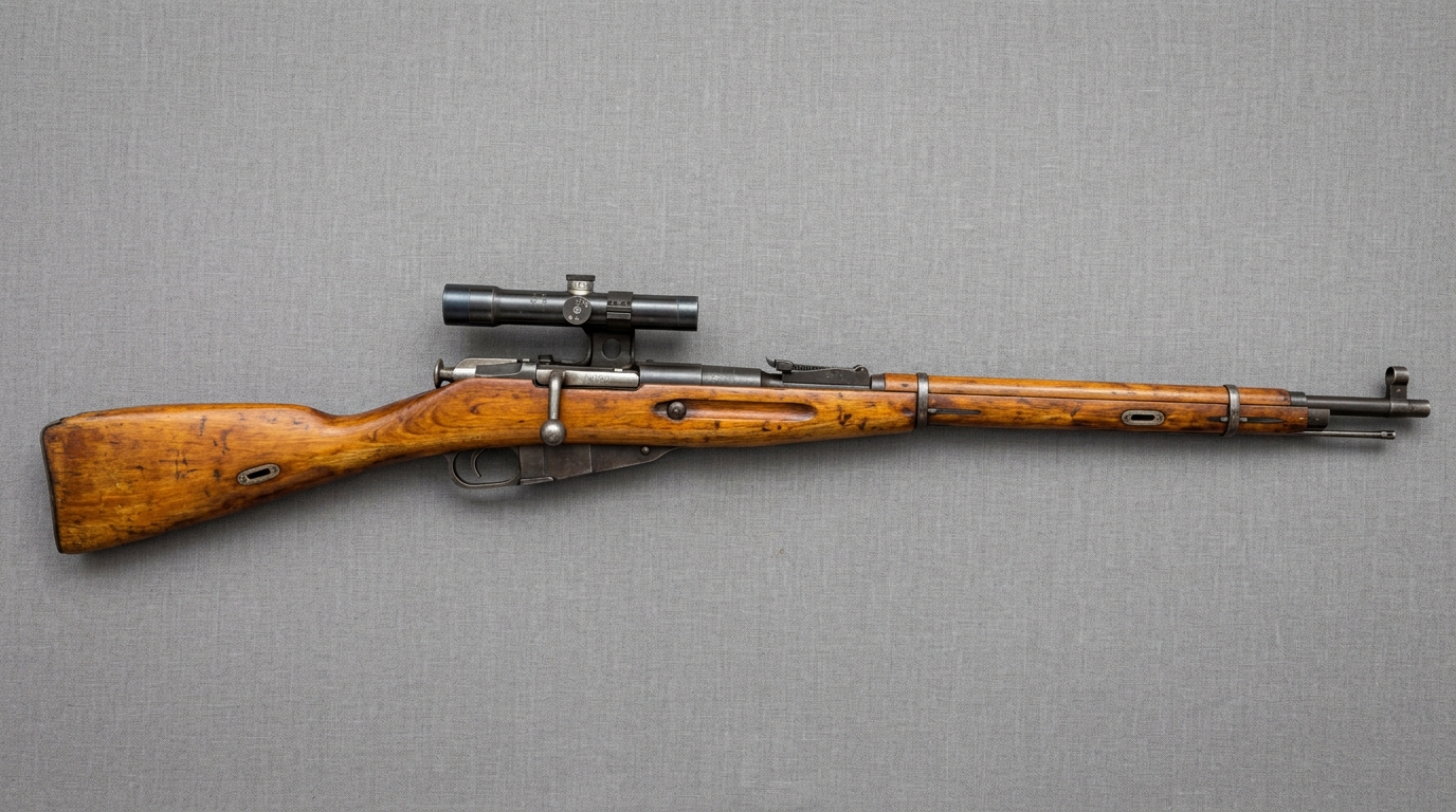 Authentic World War II Soviet Mosin-Nagant Model 1891/30 PU Sniper Rifle Profile on Neutral Linen